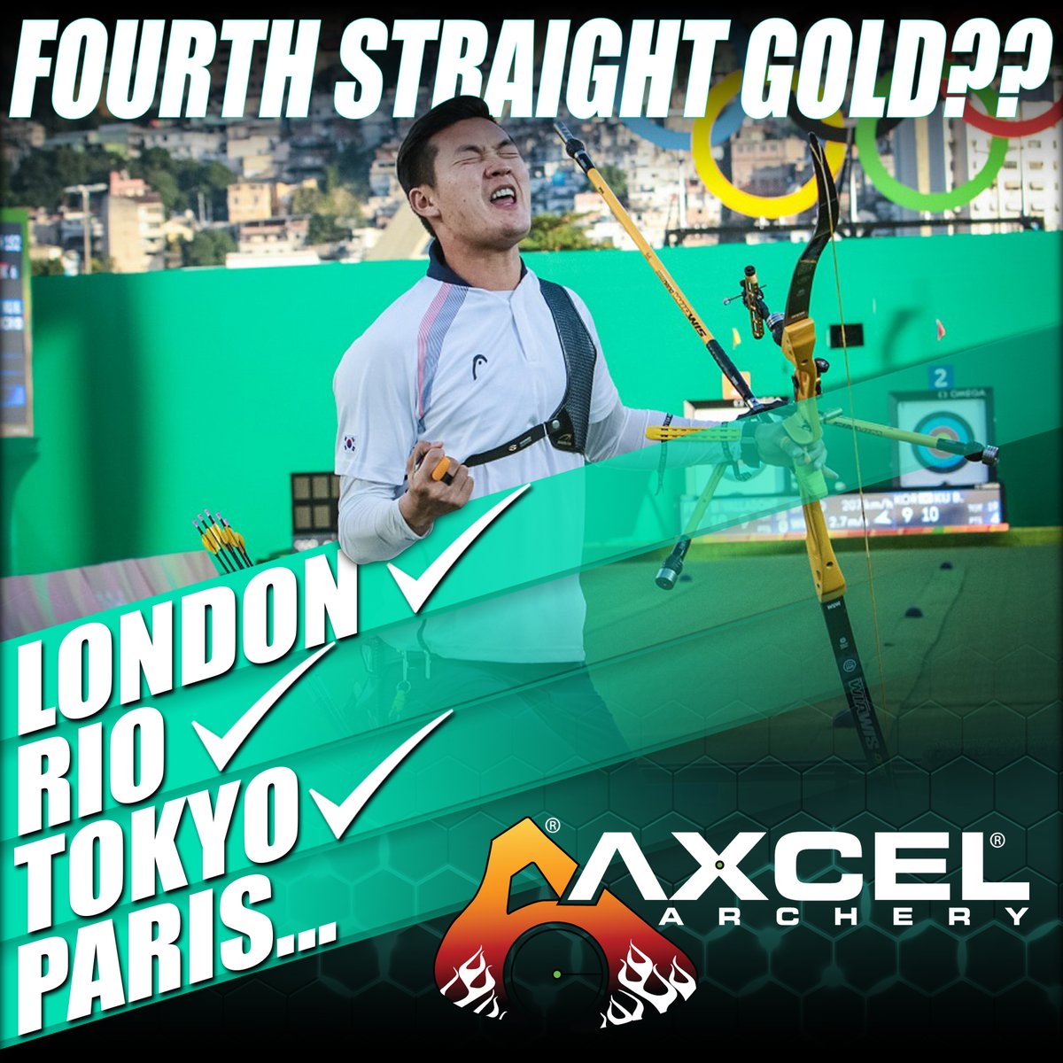 AXCEL #TopTierTeam members took home the gold🥇 in London🇬🇧, Rio🇧🇷, and Tokyo🇯🇵 all three in a row! Do you think it is going to be a fourth straight gold medal? Will we add another in Paris🇫🇷 this year? - #RealNumber1 #LeadingTechnology #ProvenResults #WeMakeArcheryBetter