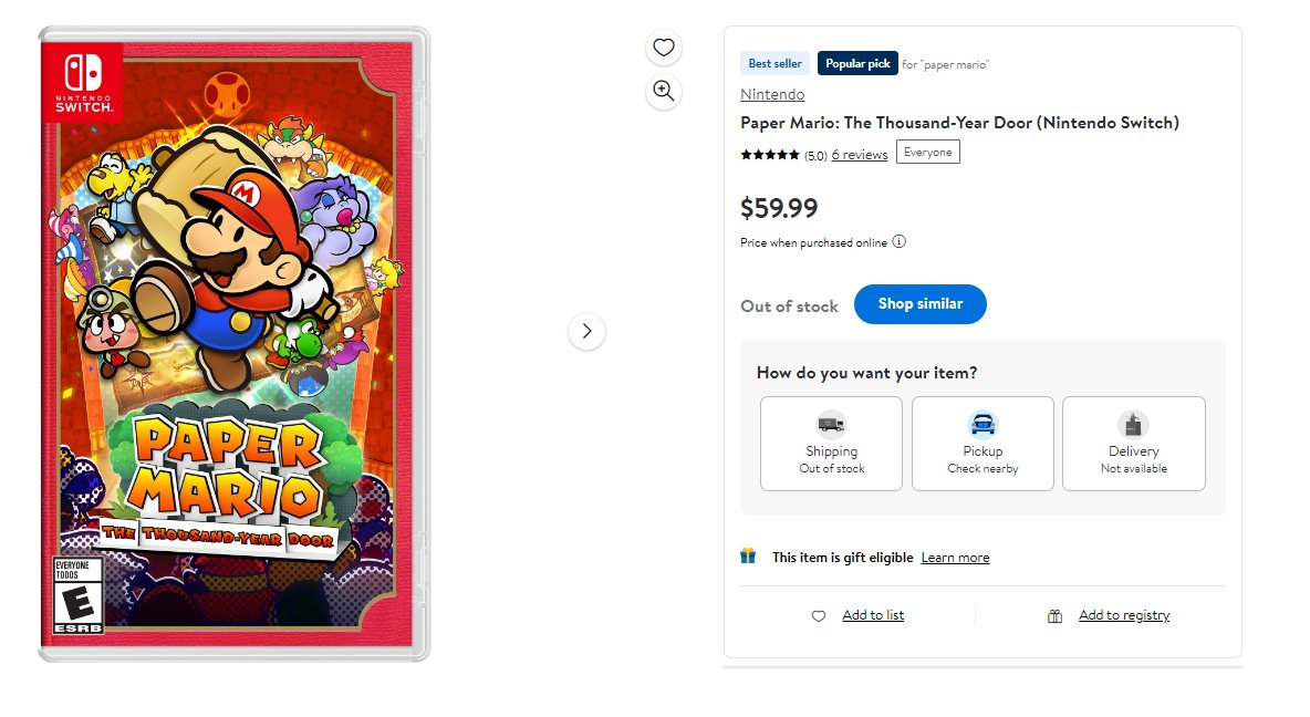 The Walmart listing of Paper Mario does indeed say it's out of stock at the moment