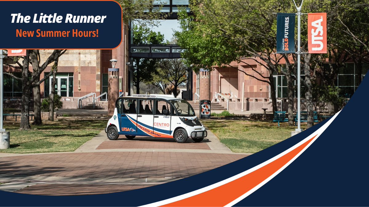 During summer, The Little Runner will operate on a dynamic route, offering rides within our operational area at the following times: 🔸Mon-Thu: 8:30a-7:30p 🔹Fri: 8:30a-5:30p To view the operational area and learn how to request a ride, visit utsa.edu/thelittlerunner.