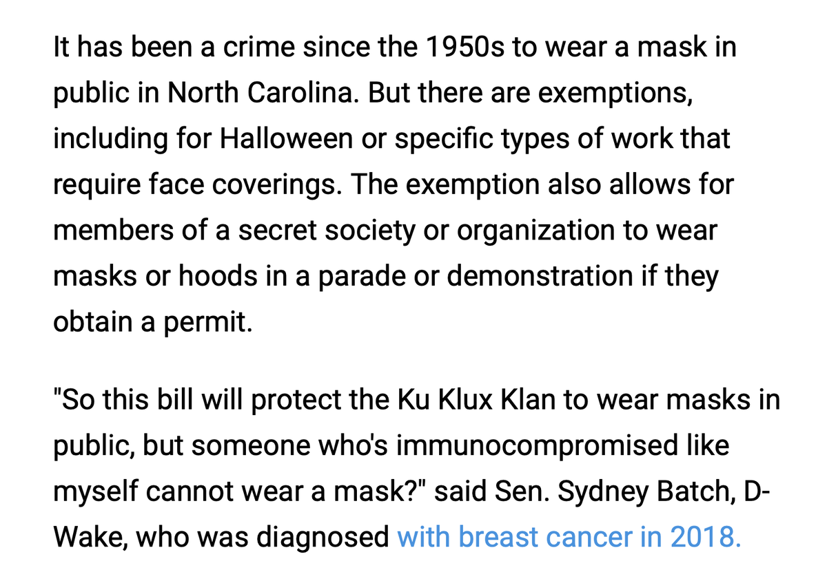 'So this bill will protect the Ku Klux Klan to wear masks in public, but someone who's immunocompromised like myself cannot wear a mask?' — North Carolina Senator Sydney Batch, who is a cancer survivor Unbelievable.