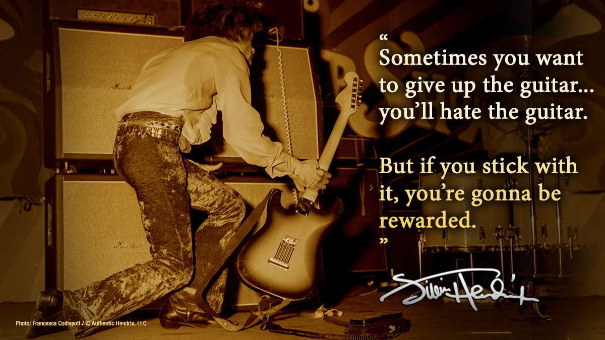 Sometimes you want to give up the guitar... you'll hate the guitar. But if  you stick with it, you're gonna be rewarded.” ~ #JimiHendrix  #PracticeMakesMagic #Guitar, image size:1200x675