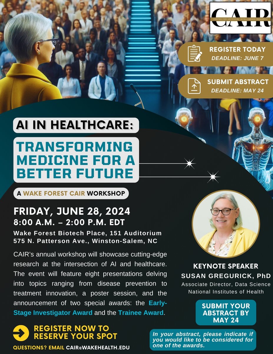 Wake Forest AI (@wakeforestai) on Twitter photo We are hosting our annual "AI in Healthcare" workshop on Friday, June 28, which will showcase cutting-edge research, award announcements, networking opportunities, and more.
Submit your abstract by May 24: redcap.wakehealth.edu/redcap/surveysโฆ
Register by June 7: redcap.wakehealth.edu/redcap/surveysโฆ We are hosting our annual "AI in Healthcare" workshop on Friday, June 28, which will showcase cutting-edge research, award announcements, networking opportunities, and more.
Submit your abstract by May 24: redcap.wakehealth.edu/redcap/surveysโฆ
Register by June 7: redcap.wakehealth.edu/redcap/surveysโฆ