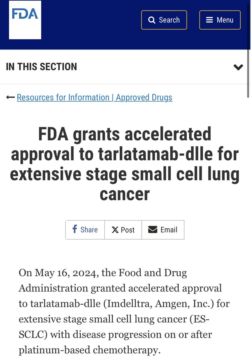 🚨HUGE victory for SCLC!🚨

@FDAOncology, under Project Orbis and the FDA Center of Excellence, grants accelerated APPROVAL for tarlatamab (Imdelltra, DLL3 BiTE) @AmgenOncology for relapsed small cell lung cancer after platinum-based therapy! 

#LCSM @SclcSMASHERS @TheShieldsLab
