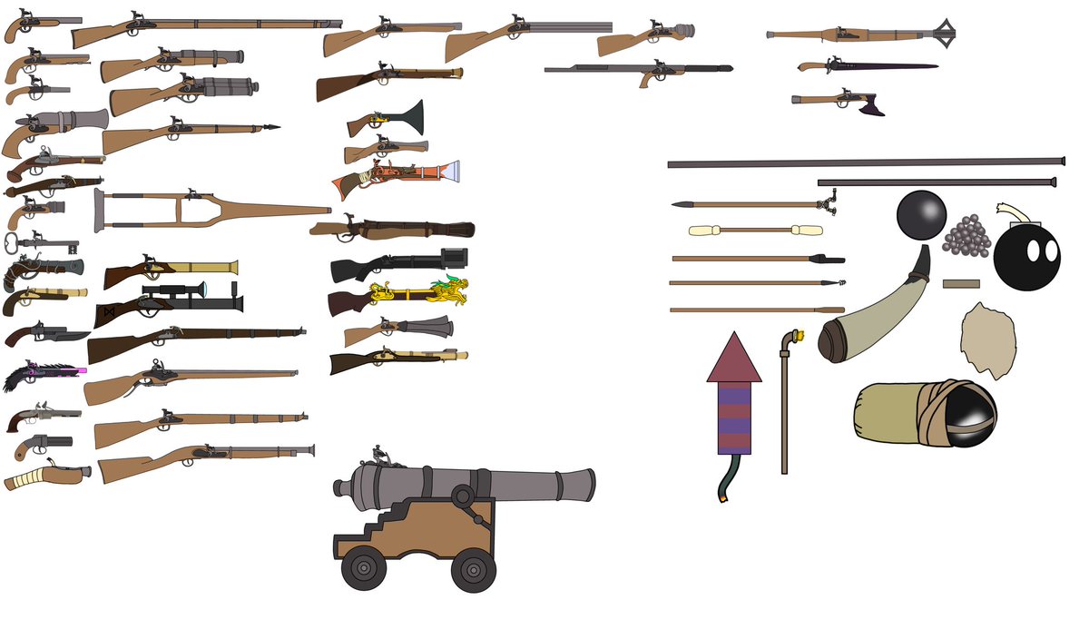 Here all the muzzleloader guns most of them are used by my characters(except for my Sona even though he has them and also the reason why there a firework because the villain from Wallace and gromit used it for the elephant gun)