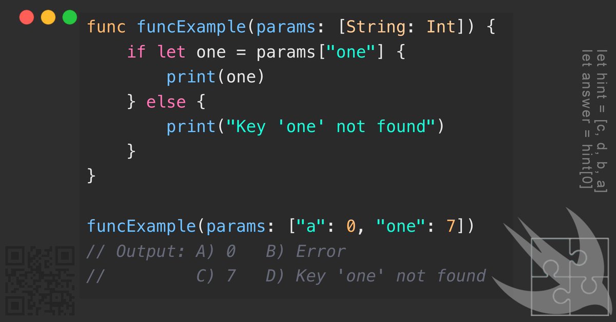 GregCoolShade's tweet image. โ
โ
โโโ ๐งฉ Swift coding challenge! What is the output of this function call with a dictionary?๐ #CodingPuzzle #Swift