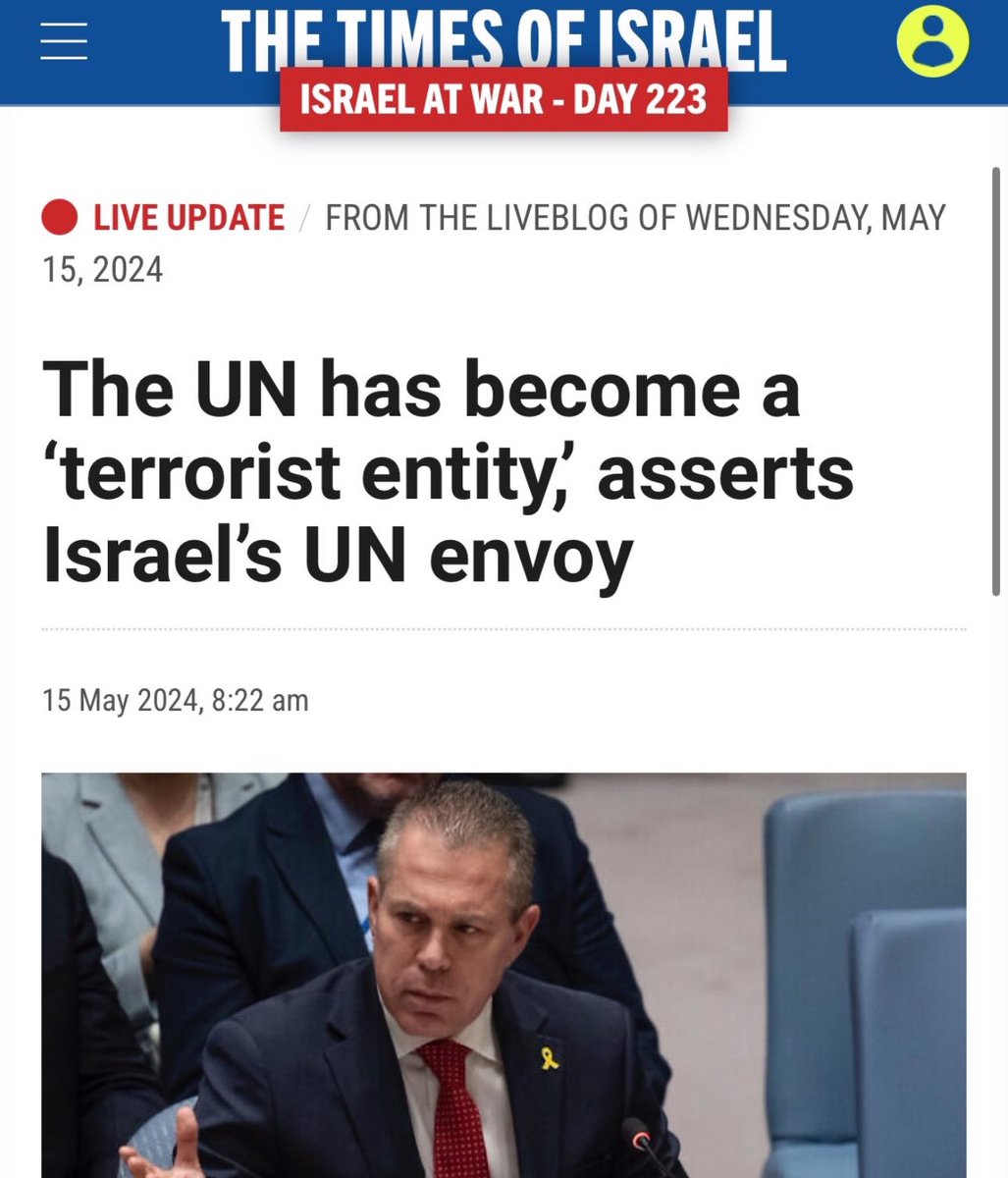 'CRITICAL THOUGHT IS UNDER ATTACK! According to #Israel’s UN representative, the #United_Nations, advocating for human rights, is now a 'terrorist organization.' #FreedomOfSpeech 🇺🇳🇮🇱'