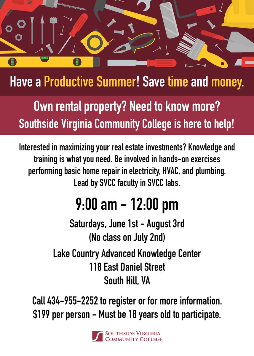 Learn basic home repair in Electricity, HVAC & Plumbing by SVCC instructors for just $199! Call 434-955-2252 to register.
