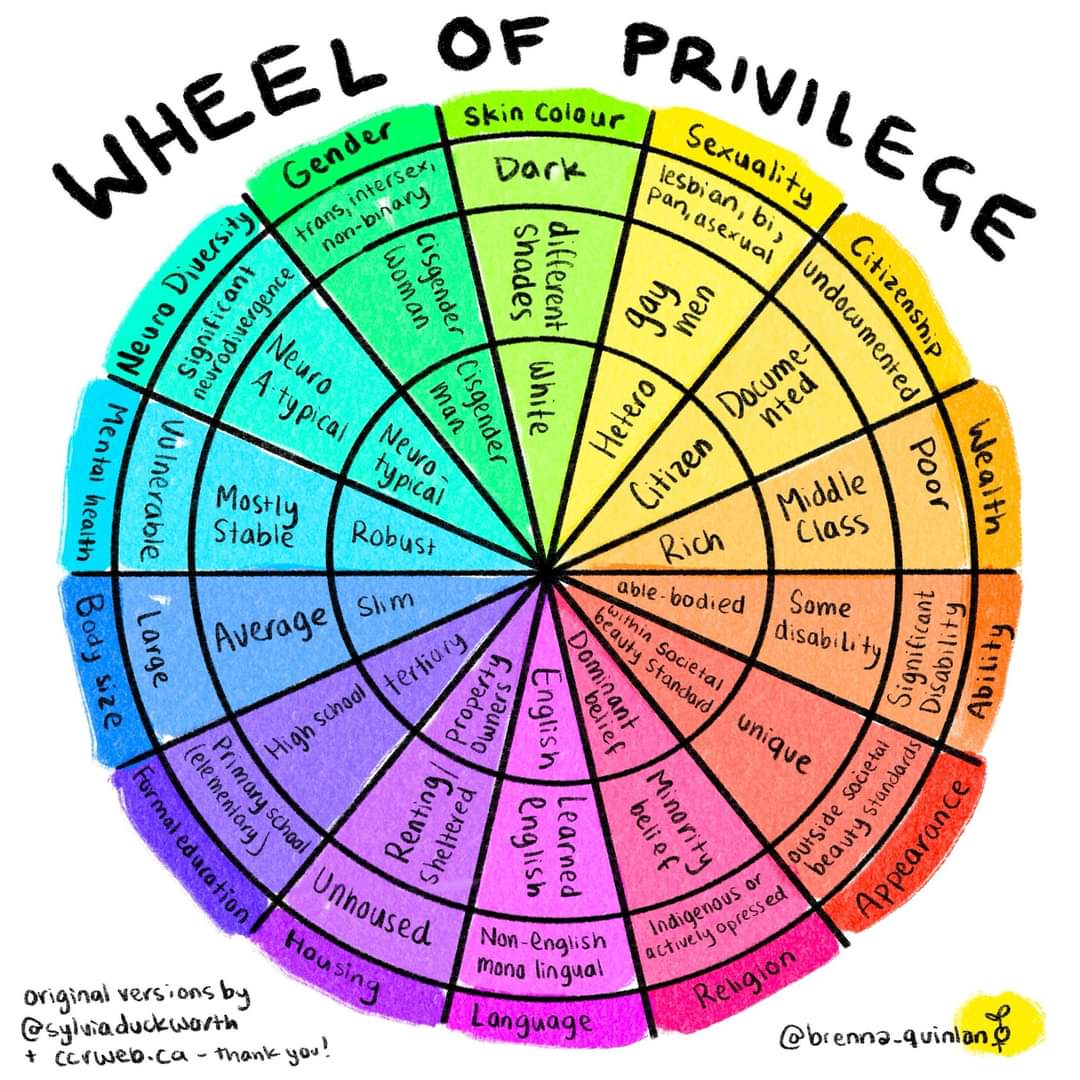 .@BrennaQuinlan 
Which privileges do you have, and which do you lack? How does this affect your life, and the lives of those around you?
Thanks to ccrweb.ca and to @sylviaduckworth for your inspiring versions of this graphic. #artasactivism #permacultureillustrator