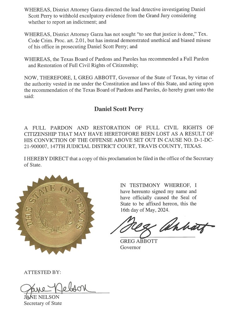 GregAbbott_TX's tweet photo. My statement regarding the pardon of Sgt. Daniel Perry. https://t.co/t7UMWdeOV2
