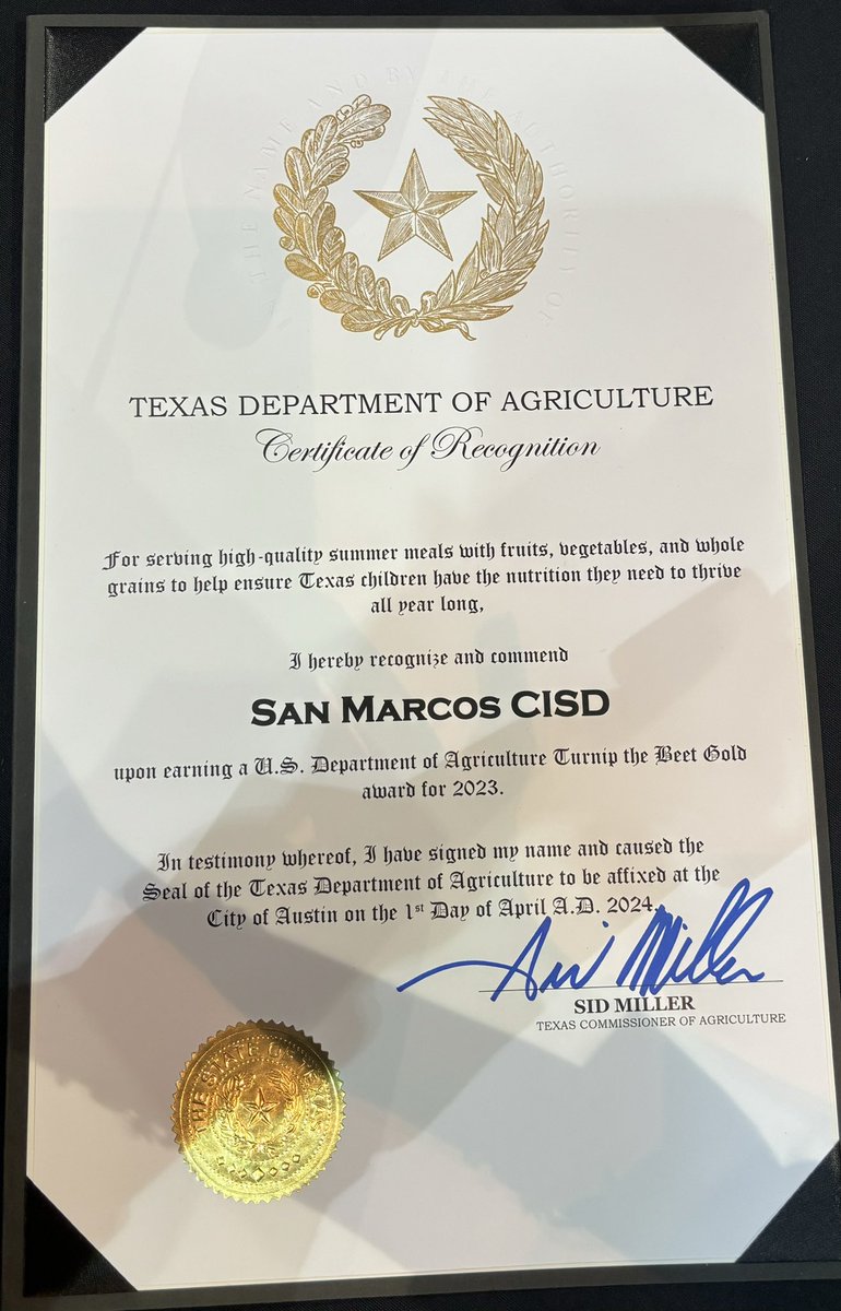 San Marcos CISD Child Nutrition was recognized at TDA's MegaCon for Turnip the Beet award, GOLD level. Our Director, Melba Perez, accepted this prestigious award. Congrats to our amazing team for their dedication to healthy & nutritious meals! #SanMarcosCISD #TurnipTheBeet