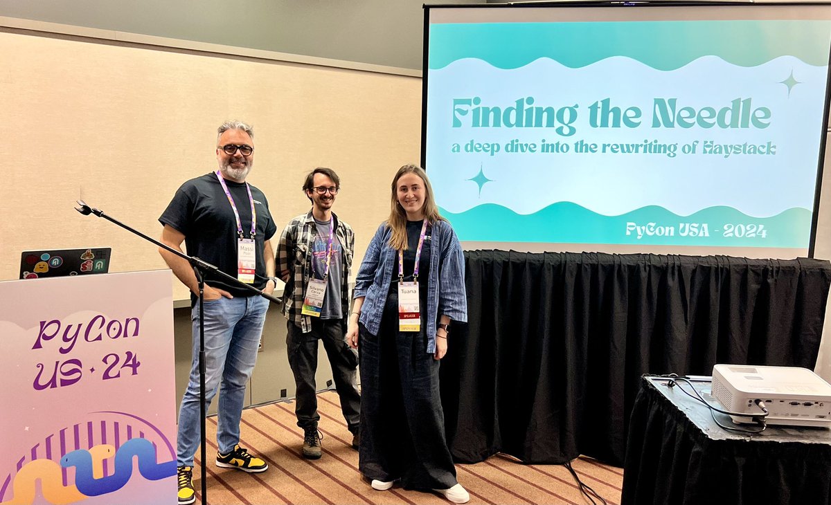 Thank you to everyone who attended our talk at @pycon just now 🚀🫶 If you want to learn more about @Haystack_AI and our approach to creating AI workflows: 🍻Join our AI happy hour with @DataStax tomorrow: lu.ma/pycon-ai-happy… 🎙️ Come to my talk on approaching AI workflows