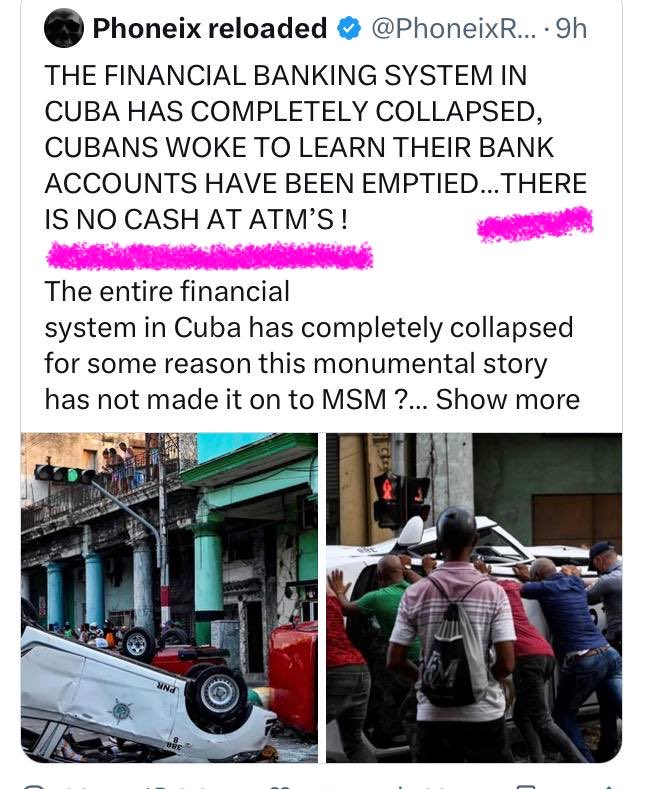 This monumental story has not made it on to MSM ? 🤡 The Cuban people have been left w/no financial resources, they have no means of buying food …Cubans were forced to adopt the digital banking system, they have no recourse‼️ 😱 👑🐝 #factassin