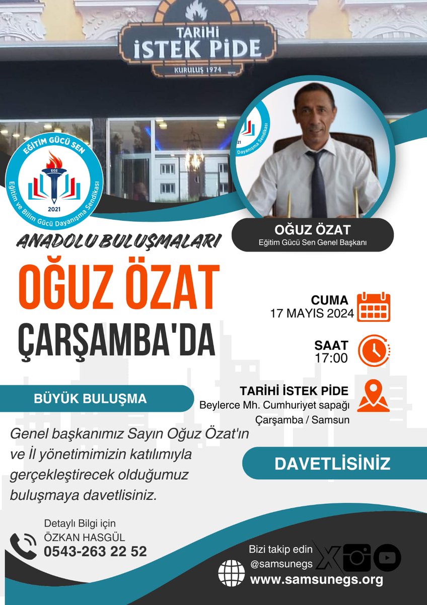 Anadolu yollarında Samsun Çarşamba'dayız. Genel başkanımız Sayın Oğuz ÖZAT, İl Başkanımız Ümit KOYUNCU ve il yönetimimizin de katılımıyla üyelerimizle bir araya gelecekler. Programımıza tüm üyelerimiz ve eğitim çalışanlarımız davetlidir