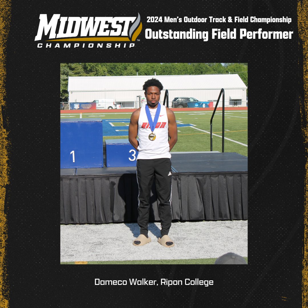 Congratulations to Dameco Walker of Ripon College! Dameco is the 2024 MWC Men's Outdoor Outstanding Field Performer! @RiponRedHawks