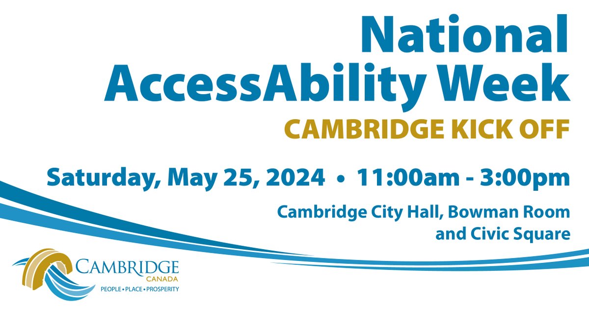 National Accessibility Awareness Week is May 26-June 1. Join us for a kick off event at 11 am on Saturday, May 25 at City Hall. Learn more at cambridge.ca/accessibility
