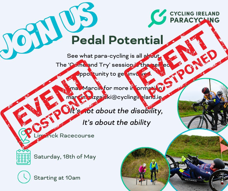 Unfortunately the Pedal Potential event due to take place this Saturday is postponed. Further updates and a new date will be available soon. @ParacyclingIRL
