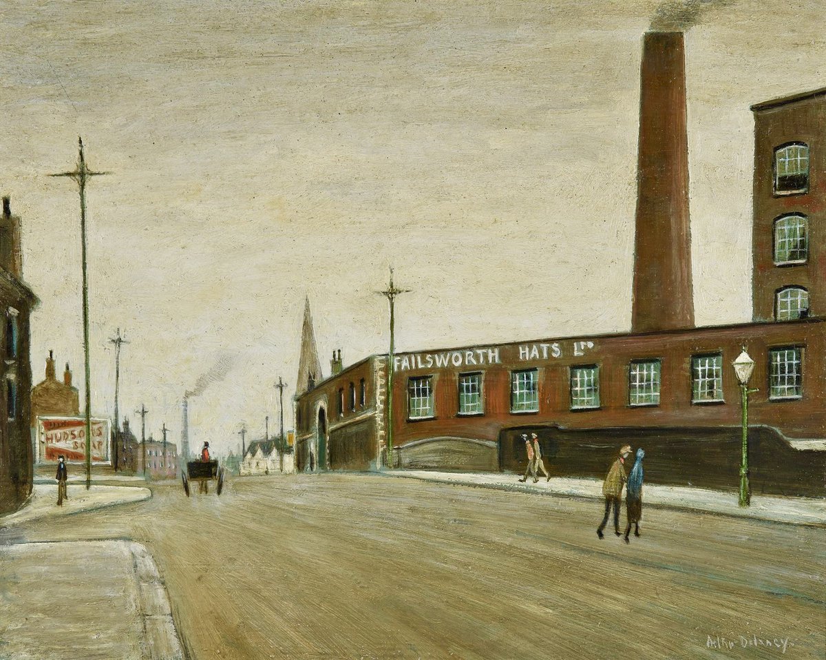 Relocated to Crown Street, but good to see Failsworth Hats is still with us … see 👉 rb.gy/55lm14

Claremont Street, Failsworth, Manchester by Arthur Delaney (1927-1987) #Art #NorthernArt #NaiveArt