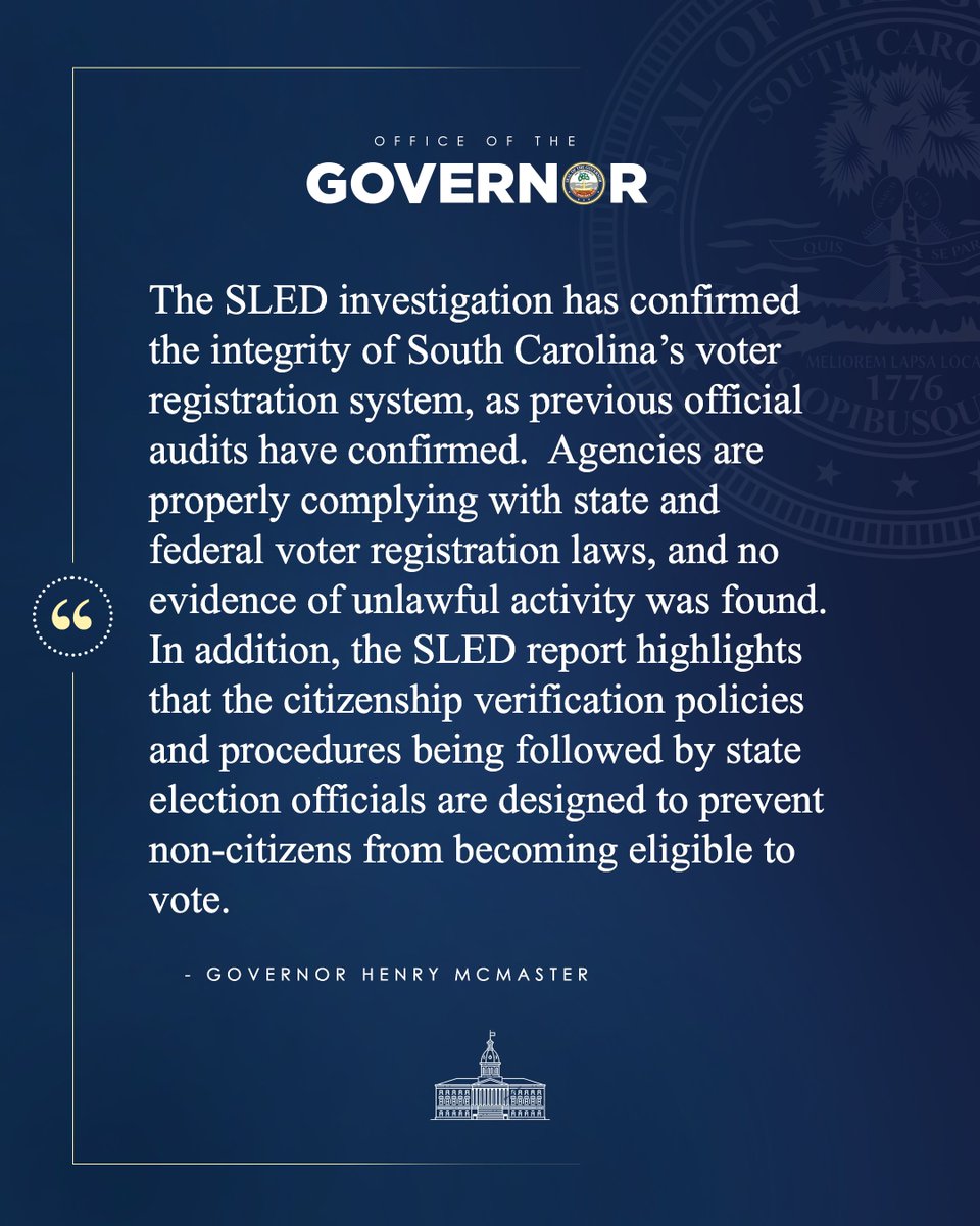SLED has concluded its investigation into allegations that non-citizens are being provided with voter registration forms. The report confirms the integrity of South Carolina's voter registration system, as previous official audits have confirmed. Read my full statement here: