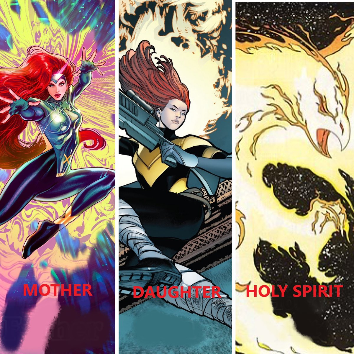 Jean Grey is the Mother, Hope Summers is the Daughter, and Phoenix is the Holy Spirit. This is how it should be done right. A lot of fake Jean Grey misgendering Jean Grey as father, and Hope as the son. I swear your Gender Studies are really showing when you misgender two