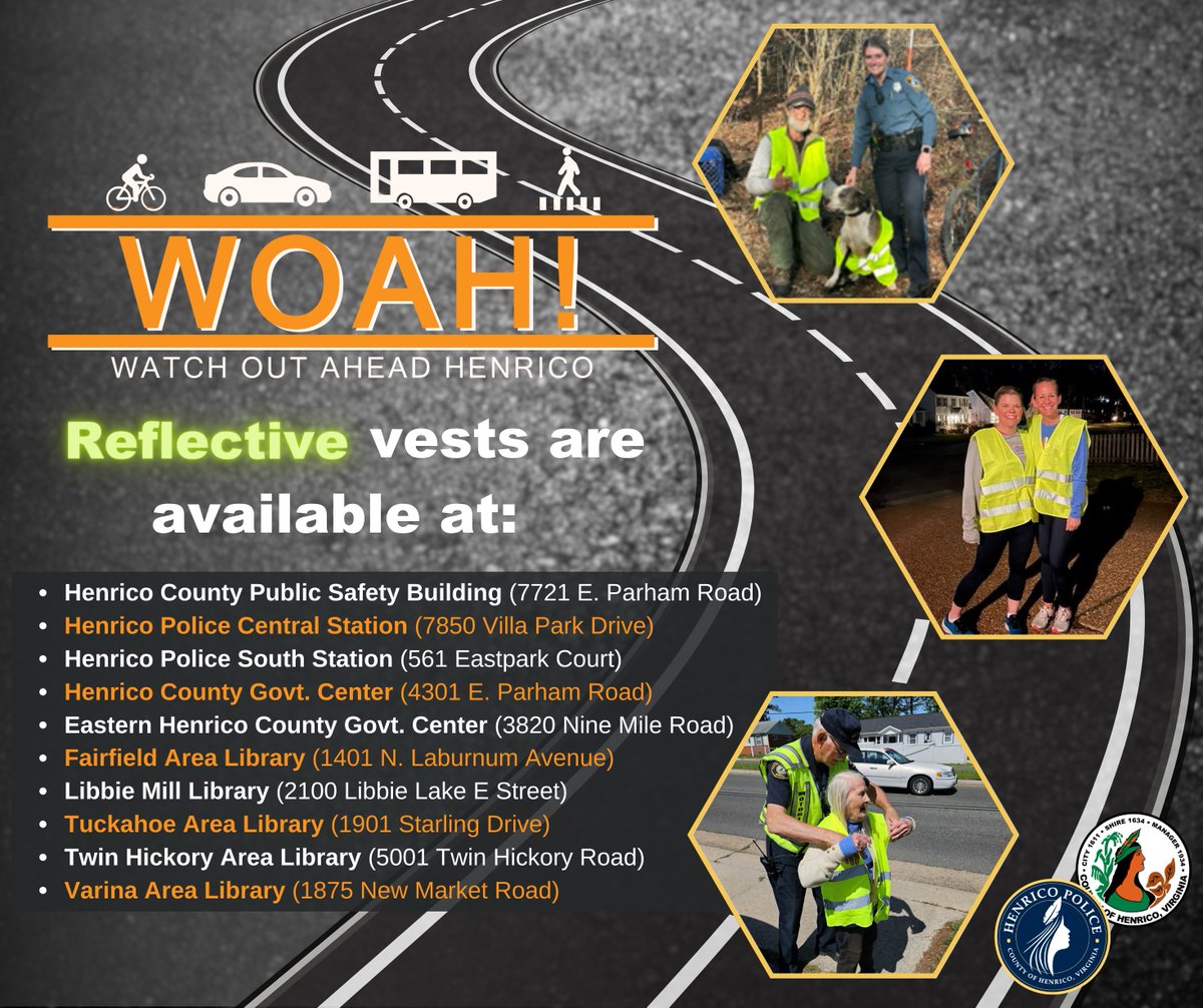 WOAH! Henrico, you are looking good in those vests! Since the “Watch Out Ahead Henrico” – or WOAH! – traffic-safety campaign kicked off in Nov. 2023, Henrico Police, in collaboration w/ several @HenricoNews depts, have handed out THOUSANDS of reflective vests in our community!
