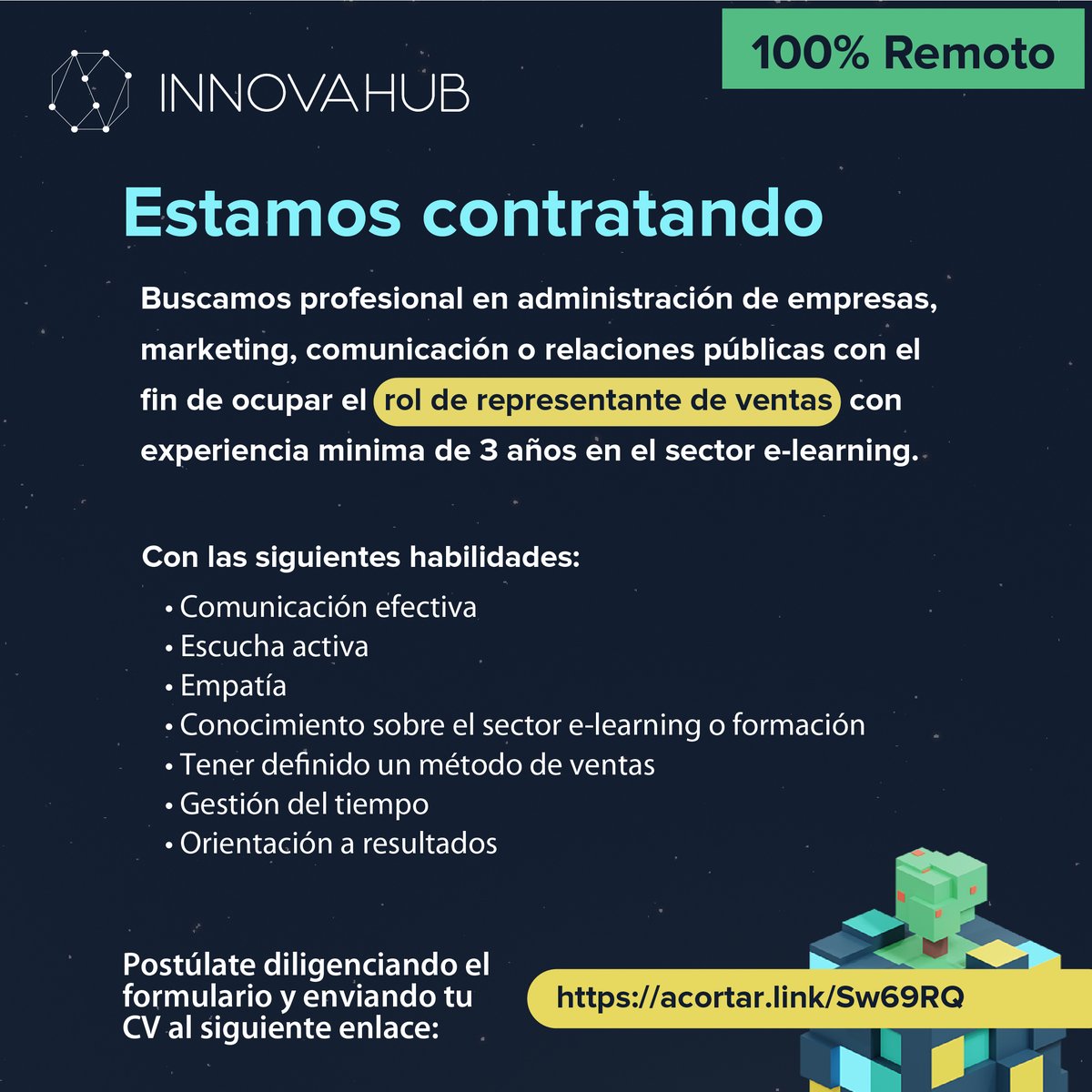 InnovaHubCol's tweet image. No olvides postular accediendo al enlace acortar.link/Sw69RQ
¡Esperamos conocerte muy pronto!

#TrabajoSiHay #ofertalaboral #empleo #trabajoremoto #ventas #representantedeventas