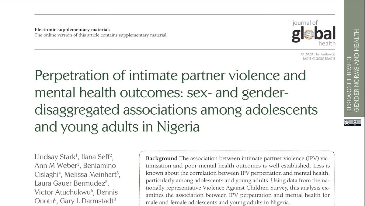 Discover the associations between IPV perpetration and mental health among adolescents and young adults in #Nigeria in this analytical paper. 🔗 prevention-collaborative.org/wp-content/upl… #MentalHealthAwareness