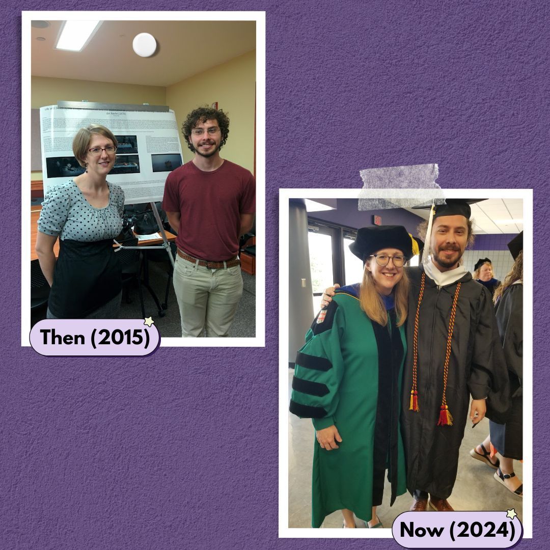 📚 From fresh-faced undergrad to graduating MA! 🎓 Dr. Chronister has been there throughout Jamey White's German studies at KSU since 2015. Huge congrats to Jamey on his MA in German, Class of 2024!  #GermanStudies #ThenAndNow #TBT