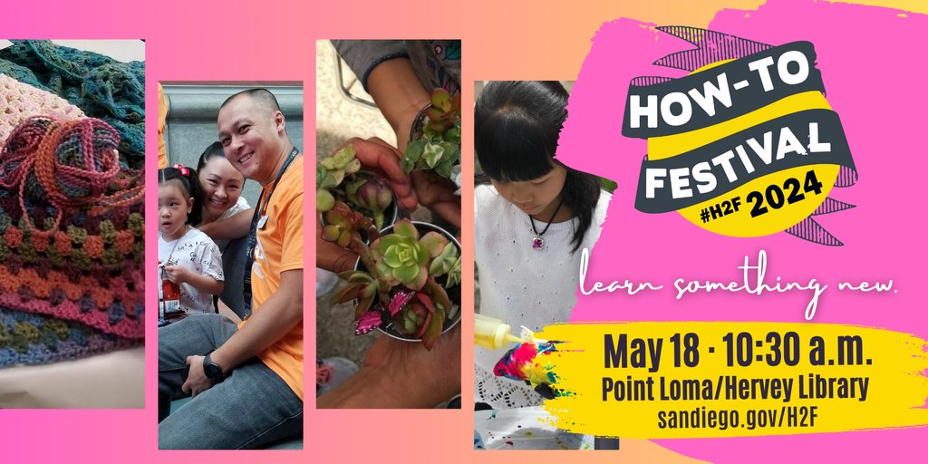 In two days, #HowToFestivalSD goes live! Head out to #PointLomaLibrary and learn something new. Presentations begin at 10:30 a.m. at the library AND on our sdpubliclibrary YouTube channel. sandiego.gov/h2f