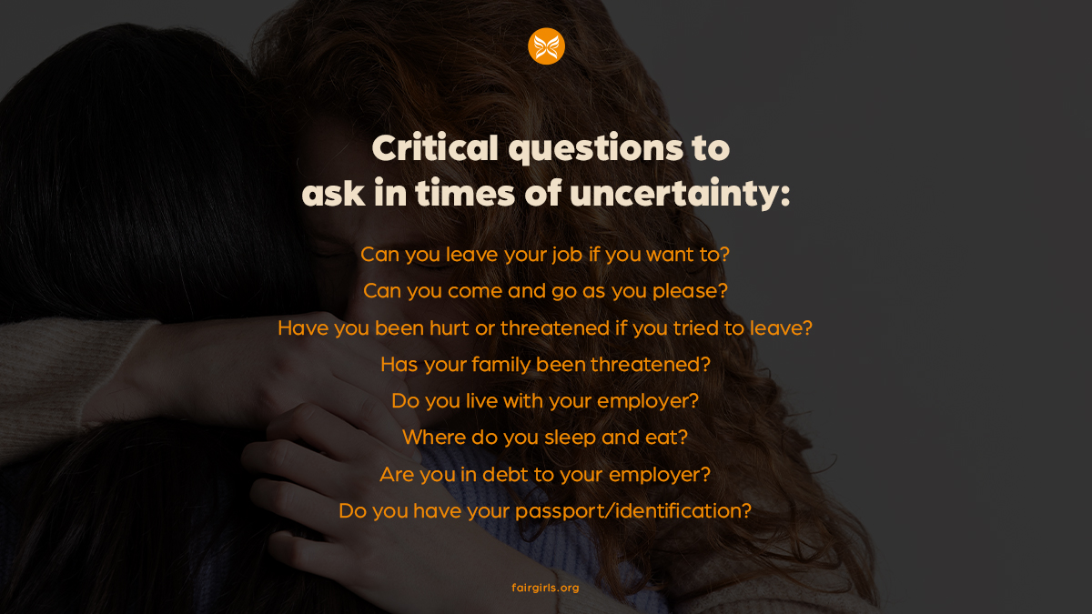 Here are some critical questions to ask in times of uncertainty. 
Be vigilant, be informed, and remember, you are not alone. 🕵️‍♀️💬 
. 
. 
. 
#fairgirlsinc #volunteeropportunities #supportingsurvivors #empowermentjourney #hopeandhealing #inspirechange #reclaiminglives