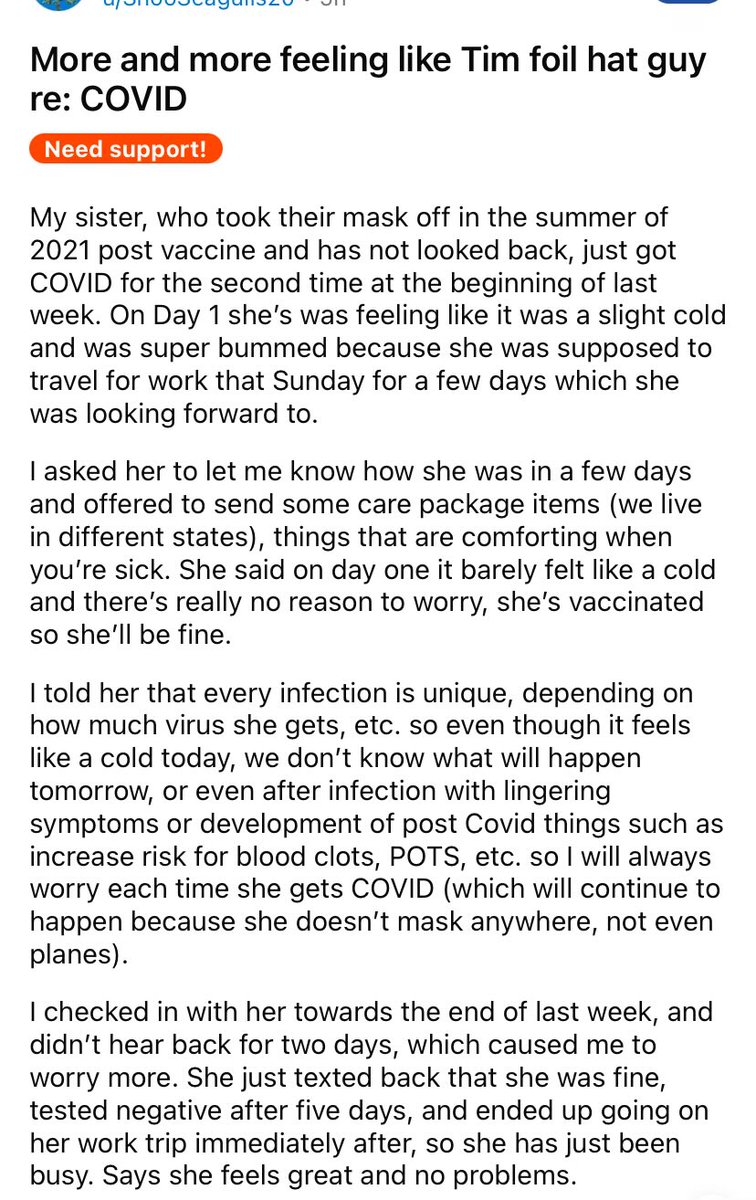 ZeroCovid starting to realize that they sound unhinged after repeated dire warnings when their sister got infected.  The sister had the sniffles and felt fine after a few days.