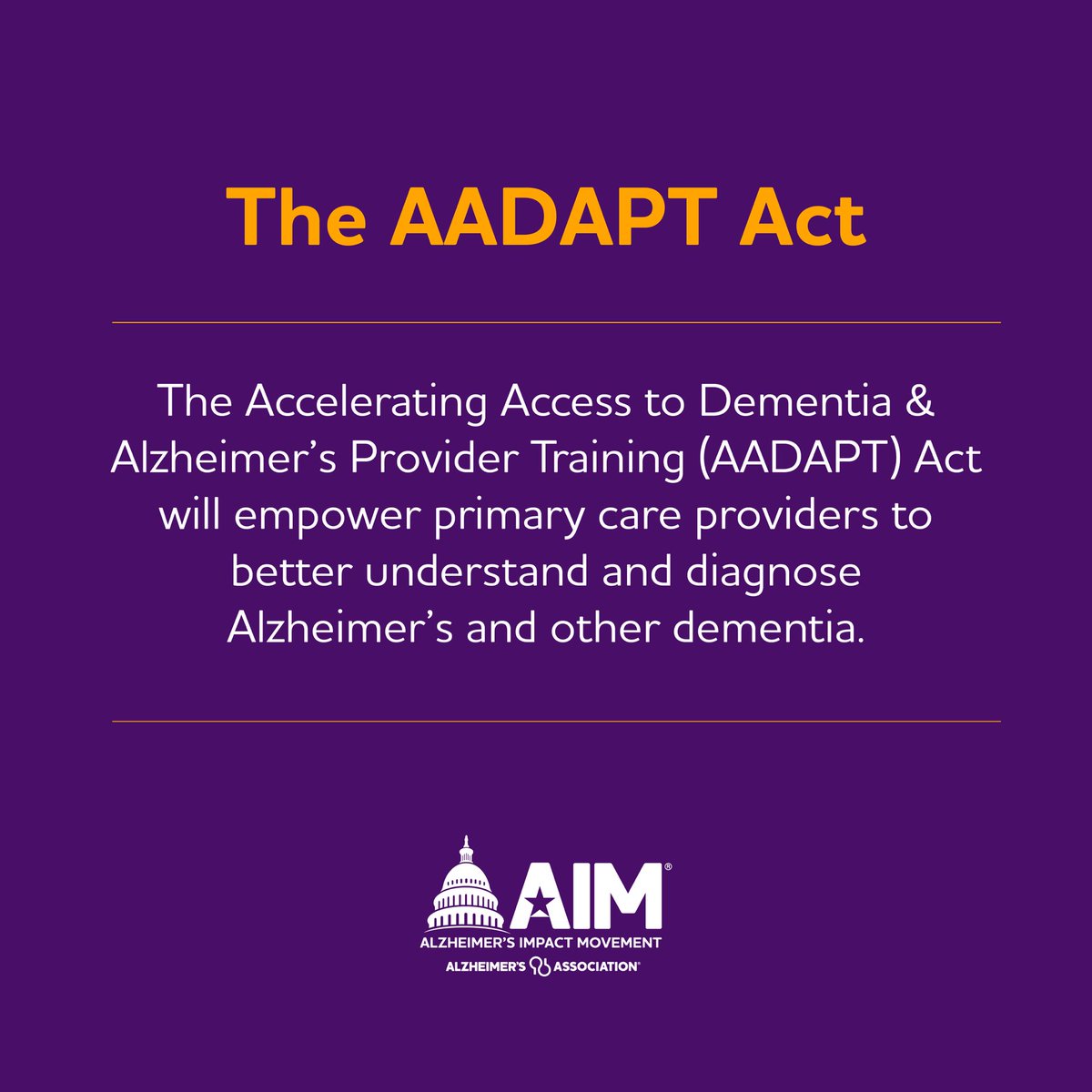 The #AADAPTAct Act would provide primary care physicians education and training to improve Alzheimer’s and dementia detection, diagnosis, care and treatment 🔬. Tell Congress to support this bill today: p2a.co/rn9Vm6r