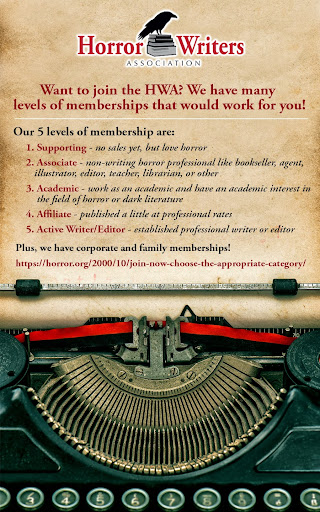 No matter what stage you are at in your writing career, the Horror Writers Association has a membership level for everyone. Consider joining today! ow.ly/swvf50RHjZG #hwa #horror #writers #writingcommunity #authors #HorrorWritersAssociation #nonprofit