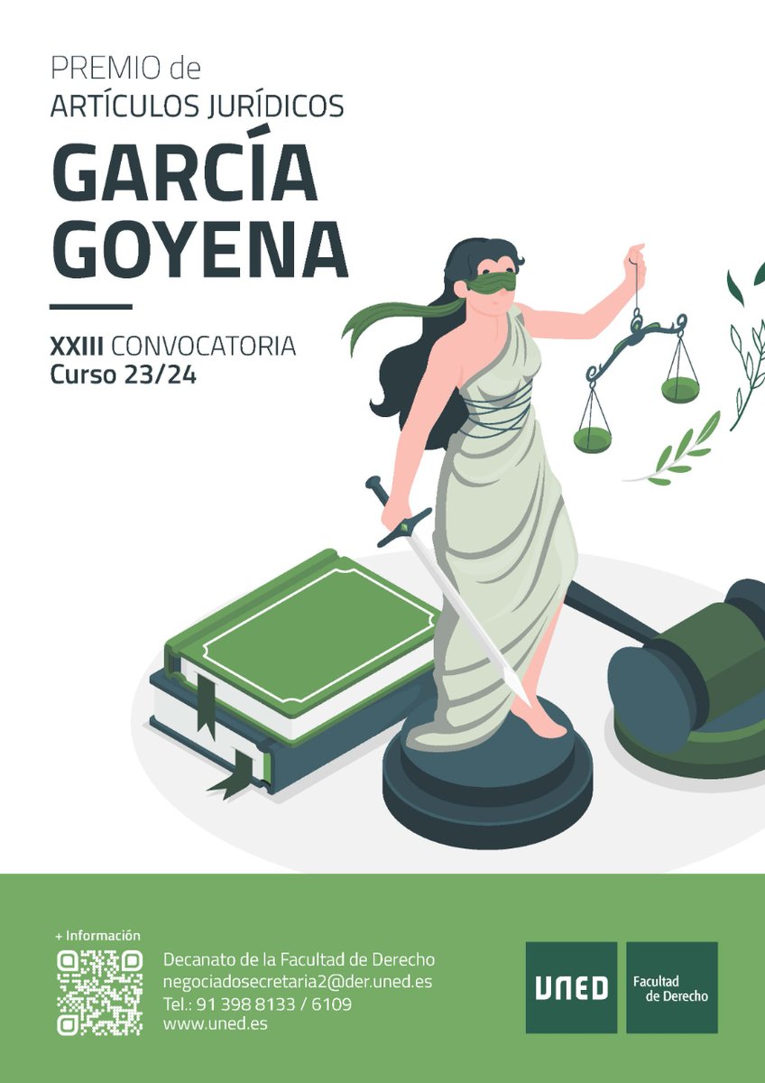 📢 Convocado ¡XXIII Premio 'García Goyena' de la <a href="/FacDerecho_UNED/">Fac. Derecho UNED</a>!

✅ Para Licenciados y Graduados en Derecho
✅ Línea directriz: 'Nuevos problemas, nuevas respuestas en el derecho'
🗓 Hasta 17/09/24
🏆 2.400 € - 🥈 1.200 € ➕ 3 accésit
ℹ️ bit.ly/41tXPHQ

#SomosUNED