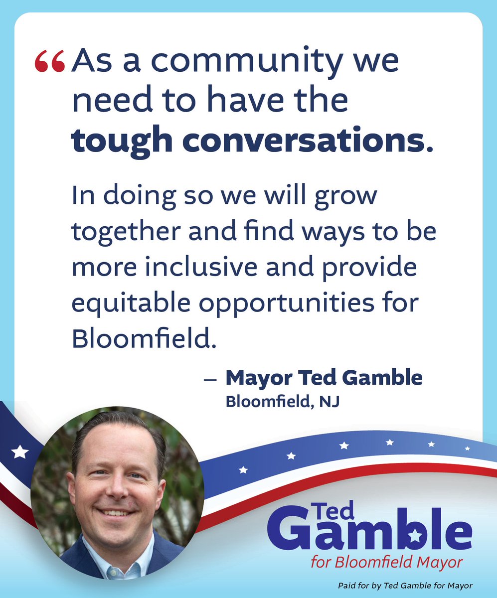 TedGamble4BLMFD's tweet photo. As Mayor I’m committed to holding community conversations to address challenging issues. With your feedback we can find the best way forward together and build a better Bloomfield.
#teamgamblecauthen #tedgamble4mayor #bloomfield #bloomfieldnj https://t.co/dzXji3SbdK