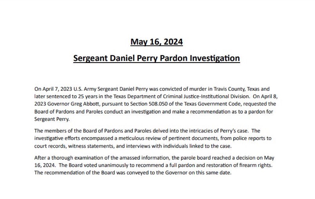Gov Abbott has issued a full pardon for Sgt Daniel Perry, who was convicted of murder for the death of BLM activist Garrett Foster during a protest.