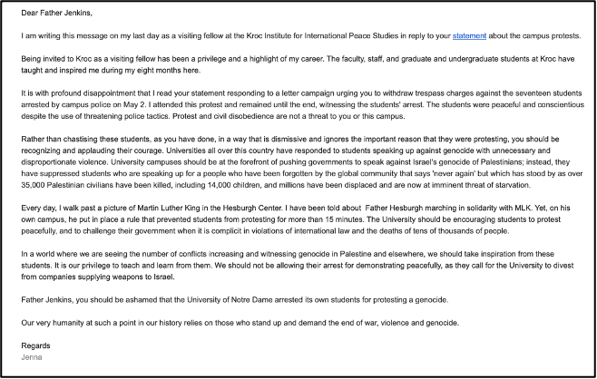 Yesterday was my last day <a href="/KrocInstitute/">Kroc Institute</a> as a visiting fellow. I sent this letter to Father Jenkins, the President of <a href="/NotreDame/">University of Notre Dame</a>. His response to the university’s arrest of 17 students who were protesting the genocide of Palestinians is shameful <a href="/ND4Palestine/">Occupation Free ND</a>