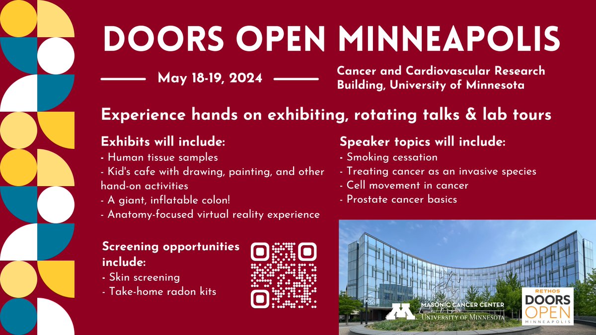 THIS WEEKEND the doors to the cancer center will be open to community members! Explore hands-on exhibits, meet researchers and hear about their studies, tour labs, get yourself screened to win a gift, and snacks! Learn more: bit.ly/4aEPR3O. @UMNcancer | #DoorsOpenMpls