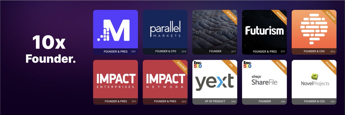 DanSutera's tweet image. I've been a part of creating 10 startups
with 7 exits (so far), 🚀
2 times on Inc 500, 📈
and a $1B+ IPO. 🦄

Here's 30 Unexpected Lessons as a 10x Founder...