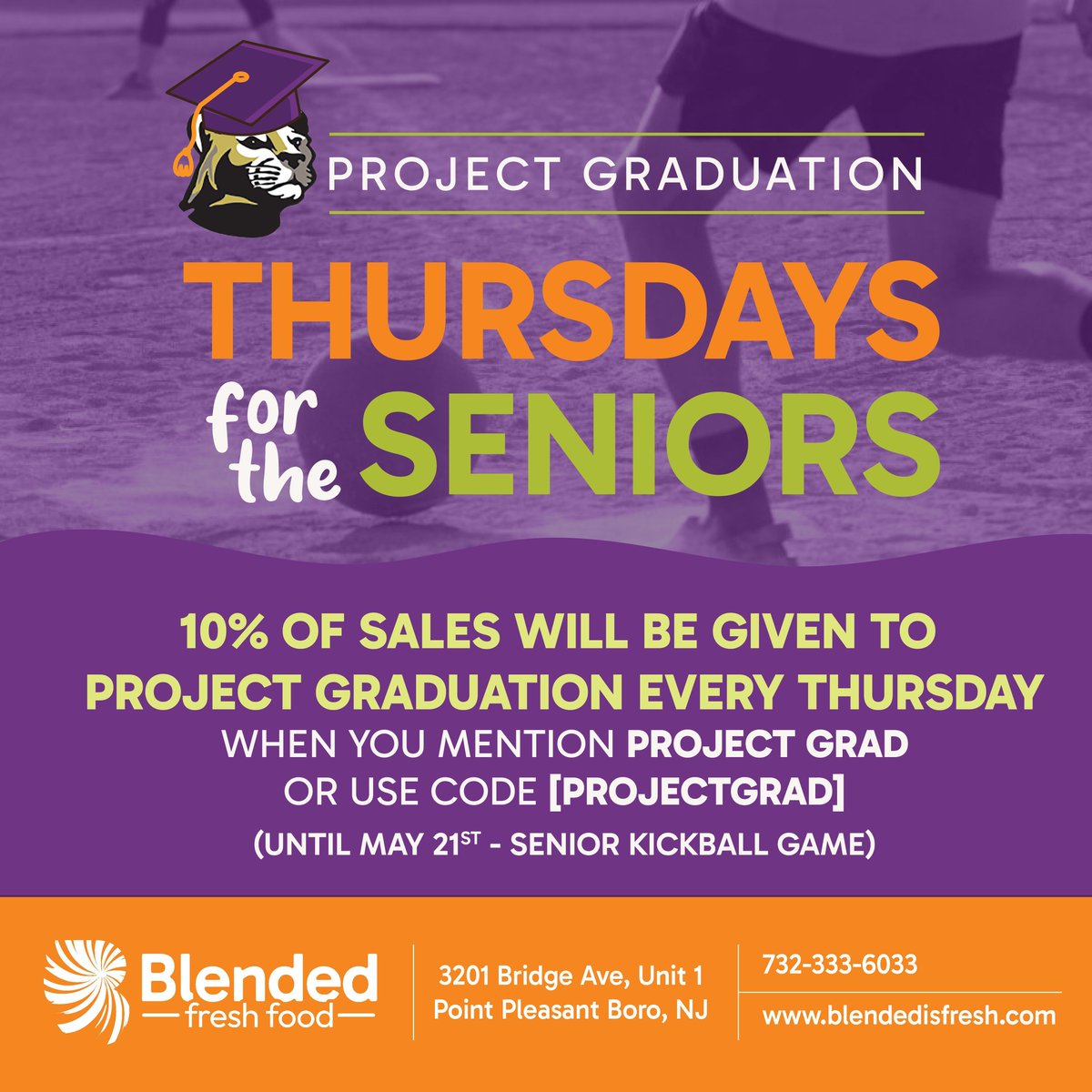 Swing by Blended Fresh Food on 3201 Bridge Avenue to back the Senior Class and Project Graduation. 10% of proceeds will aid Project Graduation every Thursday until May 21st. #SupportSeniors #ProjectGraduation
