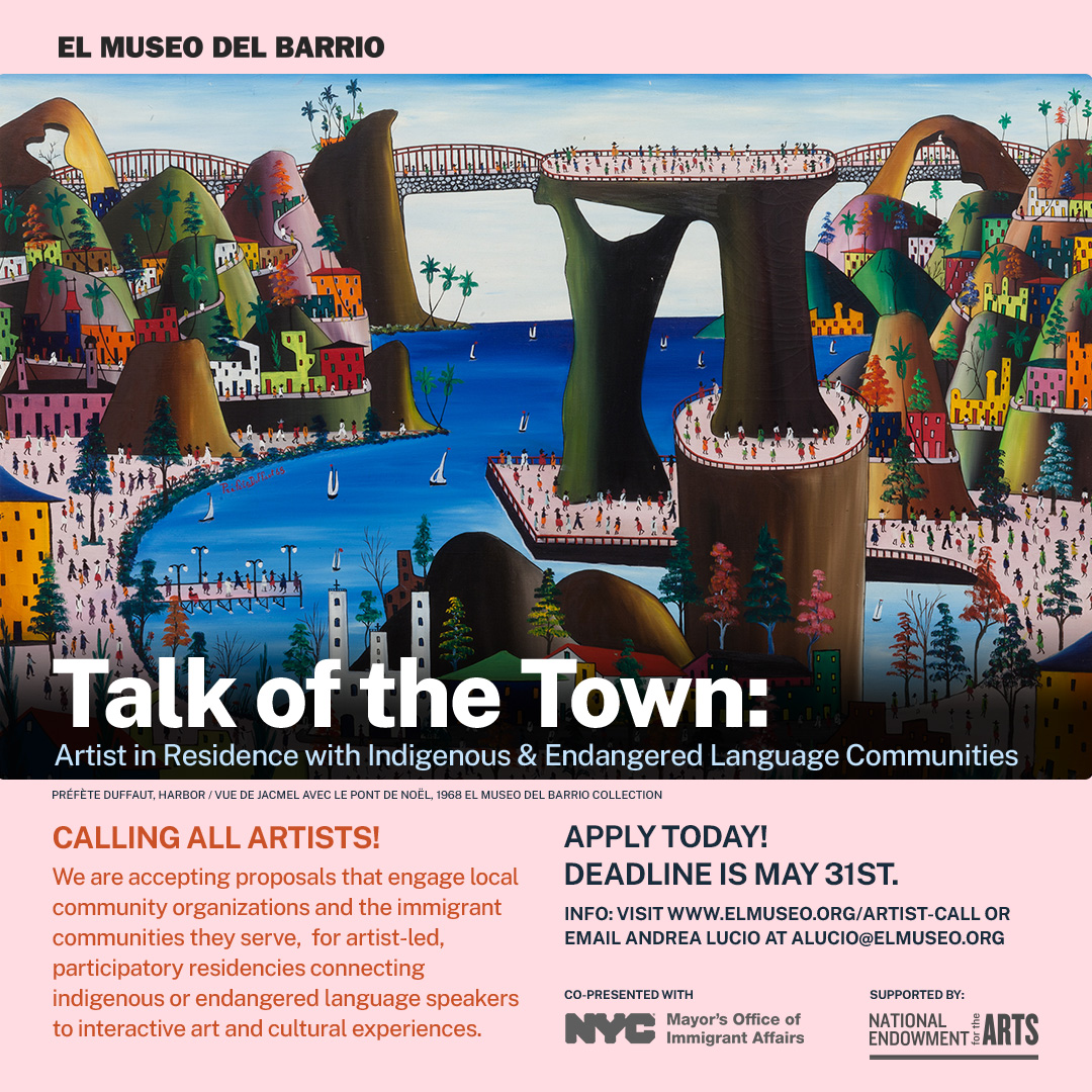 The deadline for the National Endowment for the Arts’ ‘Talk of the Town: Artist in Residence with Indigenous and Endangered Language Communities' is extended to May 31! Learn more: bit.ly/3JhGISX 

Talk of the Town is supported in part by National Endowment for the Arts