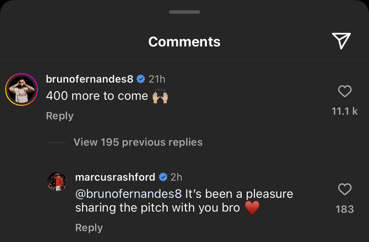 🚨 Marcus Rashford to Bruno Fernandes via Instagram: “It’s been a pleasure sharing the pitch with you bro ♥️” #MUFC