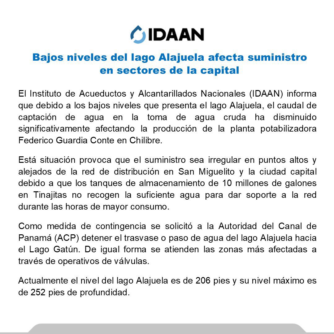 El Idaan informó que debido a los bajos niveles del lago Alajuela, los sectores de la ciudad de Panamá y San Miguelito presentarán problemas con el suministro de agua potable.