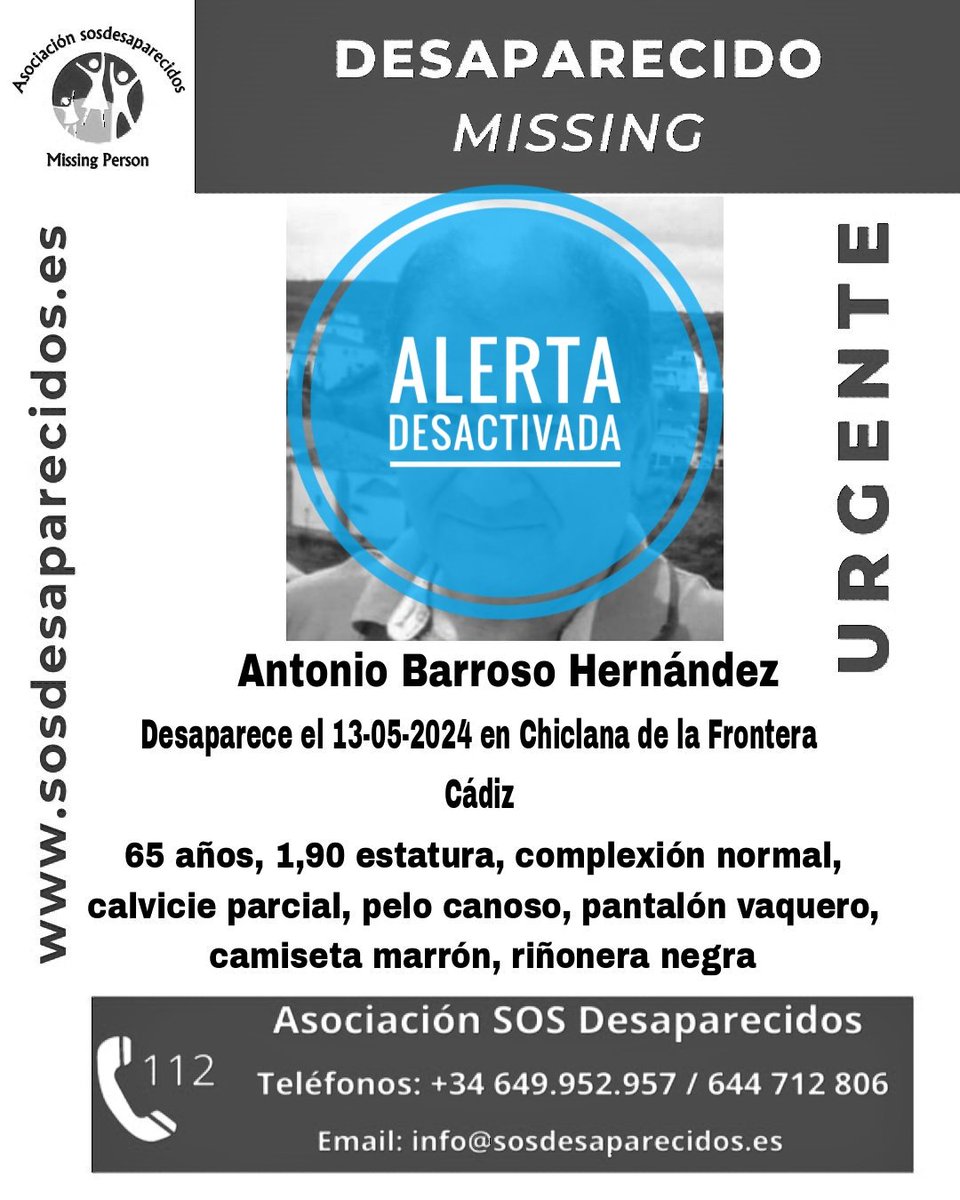 🔕 DESACTIVADA 
🟠 Persona Vulnerable
#sosdesaparecidos #Desaparecido #Missing #España #Chiclana #Cádiz
Fuente: sosdesaparecidos
Síguenos @sosdesaparecido
