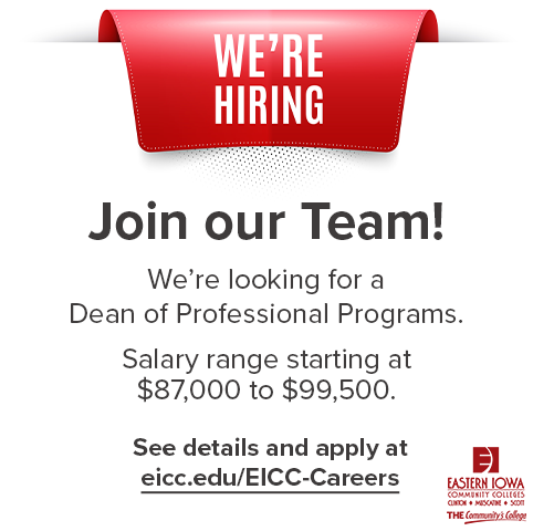 We're looking for a Dean of Professional Programs, located at our Clinton Community College campus. Salary range starting at $87,000 to $99,500. See details and apply at eicc.peopleadmin.com/postings/1928 #THECommunitysCollege #HigherEdJobs #Hiring #HigherEd