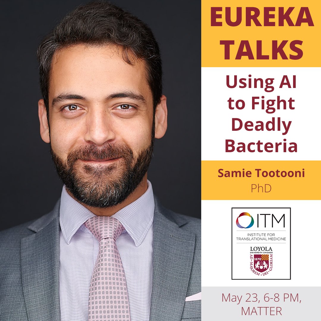 Who's speaking at Eureka Talks? 💡 Hear about Using AI to Fight Deadly Bacteria from @LoyolaChicago's Samie Tootooni 🤖. Vote for your top talks and meet cool researchers on May 23! Tap the link to join the fun! chicagoitm.org/welcome-to-eur… 👈