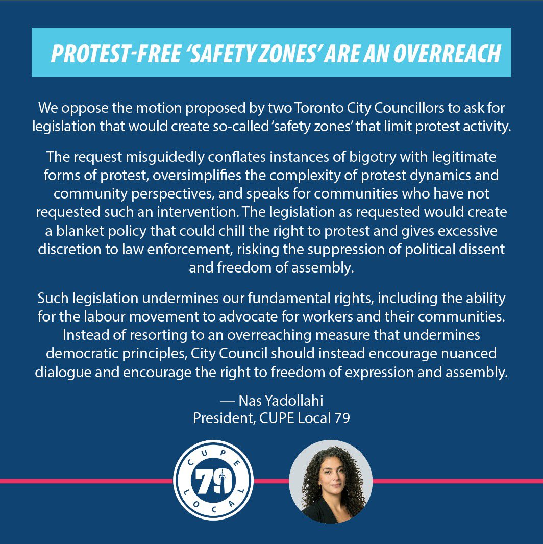 Next week, a motion is coming to City Council to limit our ability to protest- potentially impacting workers across Toronto, including @cupelocal79 members in a bargaining year. City Council should instead encourage nuanced dialogue and the right to freedom of assembly.