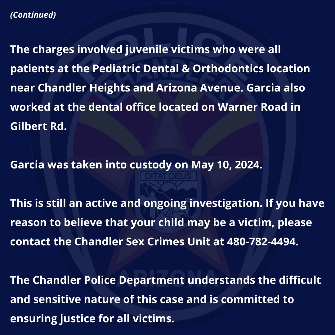 Media Release-
Chandler Police Arrest Pediatric Dental Assistant on Multiple Felony Charges Involving Children.

#ChandlerPD #ChandlerAZ