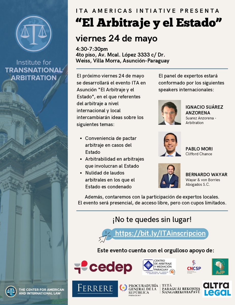 cedep_py's tweet photo. No te pierdas la oportunidad de participar del Evento ITA "El Arbitraje y el Estado", organizado dentro del marco de las ITA Americas Initiatives, en el que expertos internacionales y locales intercambiarán ideas sobre temas de suma relevancia para el arbitraje estatal. https://t.co/0sQ5BdX2fA