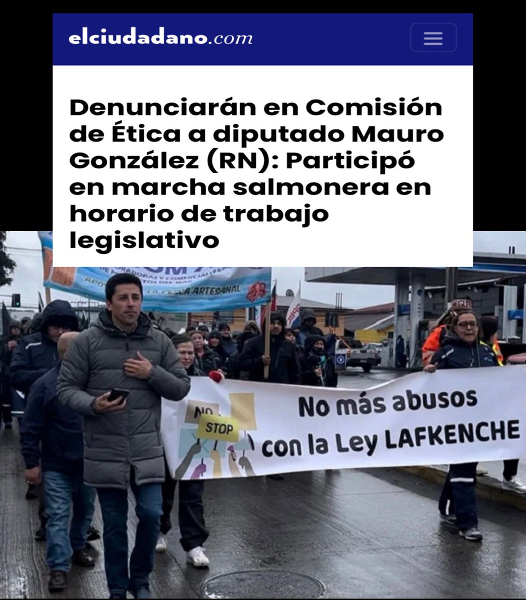 Denunciarán en Comisión de Ética a diputado Mauro González (RN): Participó en marcha salmonera en horario de trabajo legislativo 👉🏼El parlamentario Mauro González de Renovación Nacional, participó en #Quellón, #Chiloé, de una marcha convocada por sectores ligados a la industria