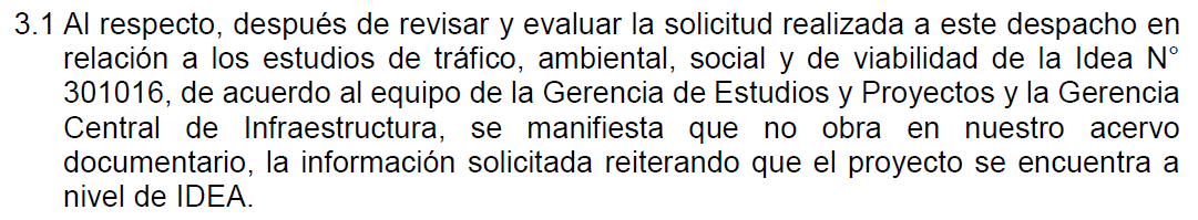 Solicité por transparencia expedientes técnicos, estudios, y evaluación de alternativas para una de las obras más publicitadas por la MML: el viaducto Arriola. La respuesta: no existen porque 'el proyecto se encuentra a nivel de idea'. Así de improvisados son.